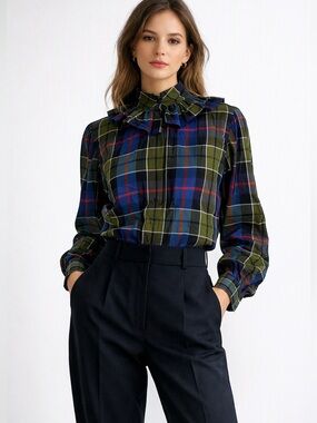 Roseanna Paris France Wool‑Cotton  Plaid Ruffle‑Neck Blouse Green Blue Size 0